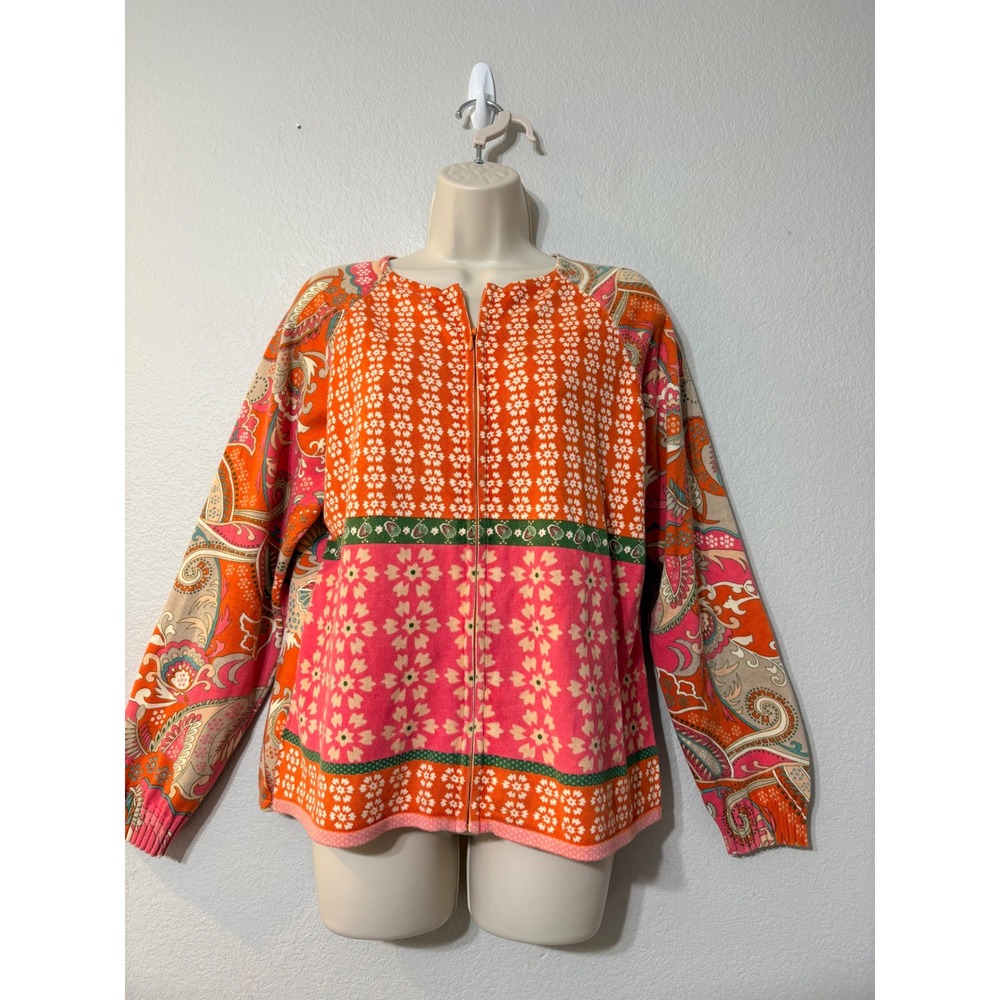 Coldwater Creek Womens Pink Orange Paisley Floral Mixed Print Zip Up Cardigan